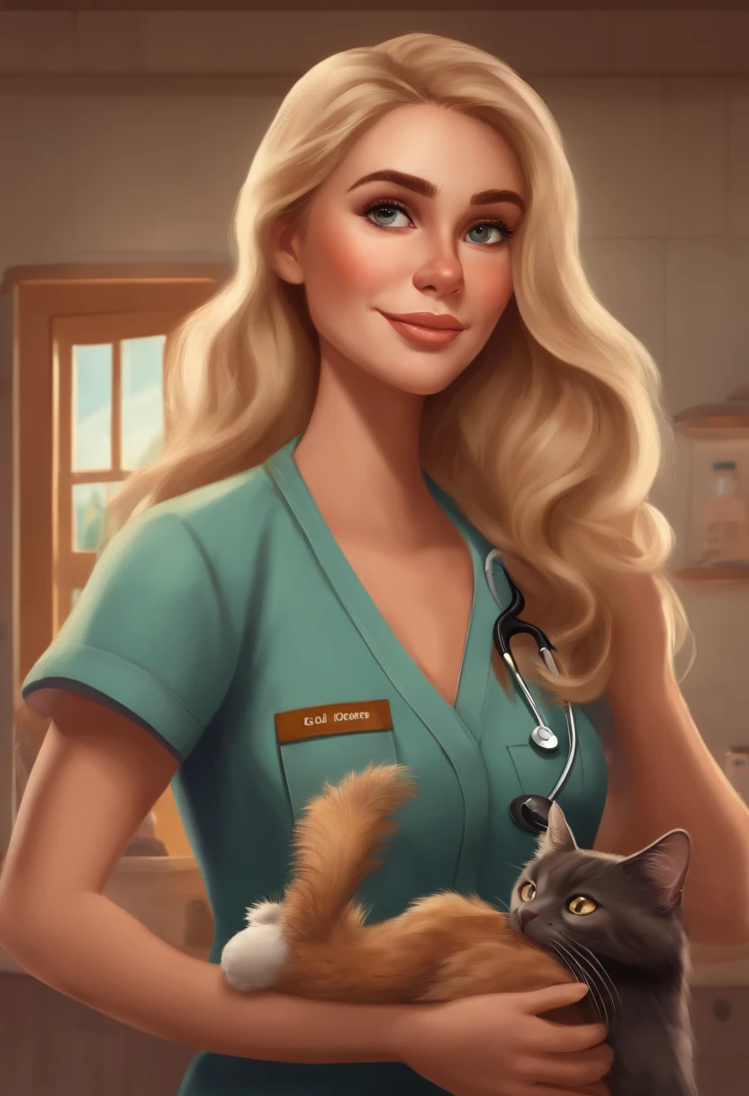 Create a pixar-style character blonde veterinarian wearing scrubs and a stethoscope, holding a bottle of cannabis medication, with long hair, hazel brown eyes, with dog and a cat with her