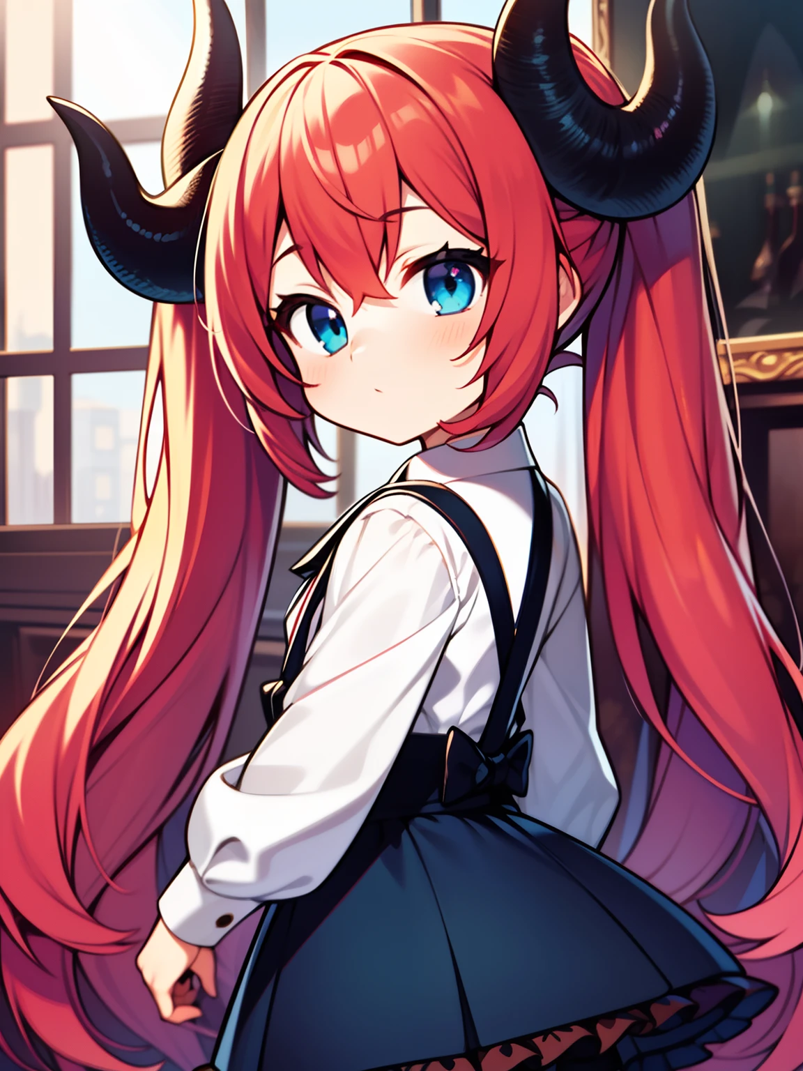 {{best quality}}, {{masterpiece}}, {{ultra-detailed}}, {illustration}, {detailed light}, red hair,blue eyes,twintails,lolita,Suspenders skirt,Fantastic,loli,solo,Dragon horns, girl,long hair