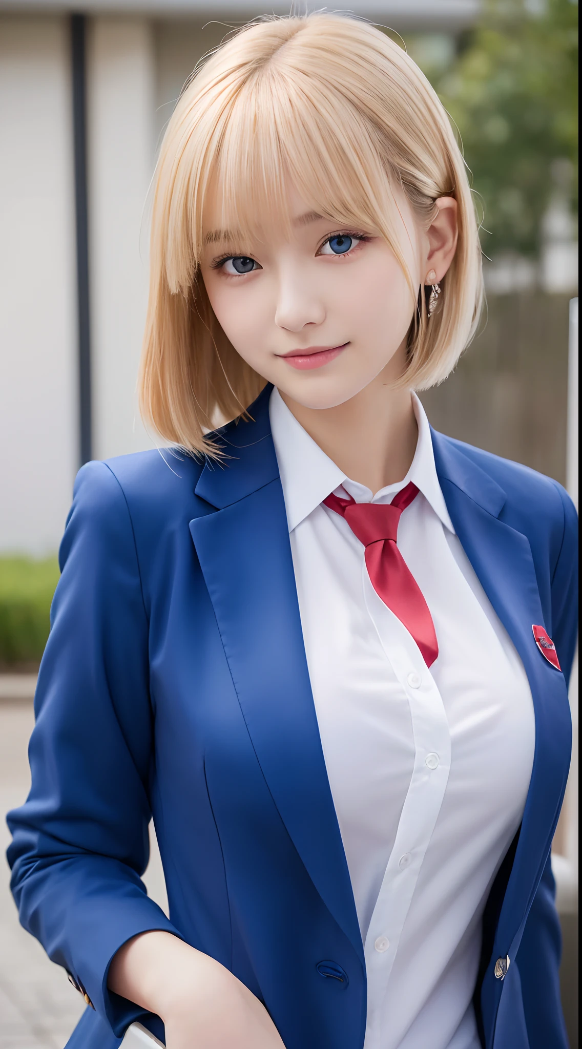 masutepiece,Best Quality,Ultra-detailed,finely detail,hight resolution,in 8K,((Photorealsitic:1.4,Raw photography,超A high resolution,Top image quality:1.4)),masutepiece、Best Quality、 ultra-detailliert、hight resolution、8K Wallpapers、Perfect dynamic composition,、Beautiful detailed eyes、(Beautiful breasts:1.1) 、Blue Blazer、student clothes、white shirt、red necktie、Plaid brown skirt、1girl in、a beauty girl、Slender body type、High school students、Blonde head hair、(a blond)Shorthair、、Looks Back、ssmile、A smile
