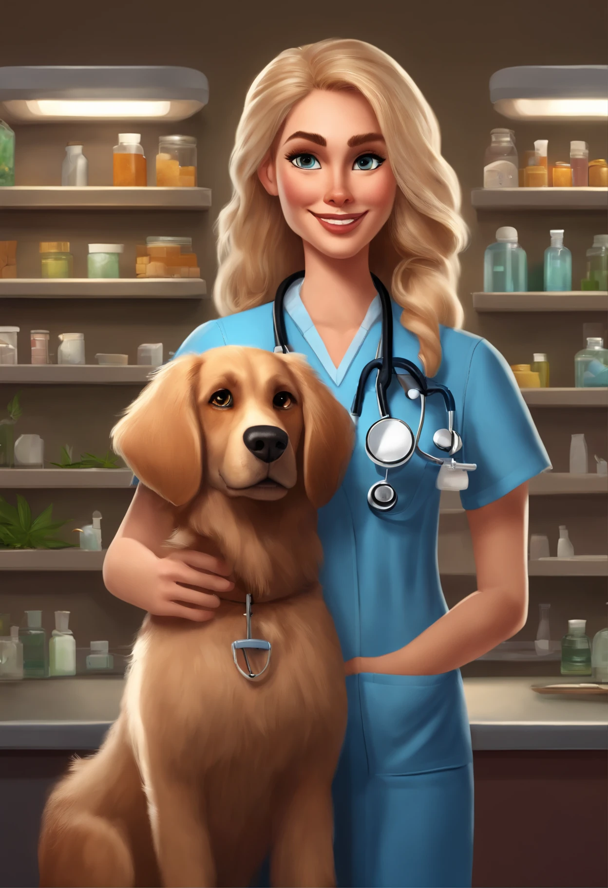Create a pixar-style character blonde veterinarian wearing scrubs and a stethoscope, holding a bottle of cannabis medication, with long hair, hazel brown eyes, with dog and a cat with her