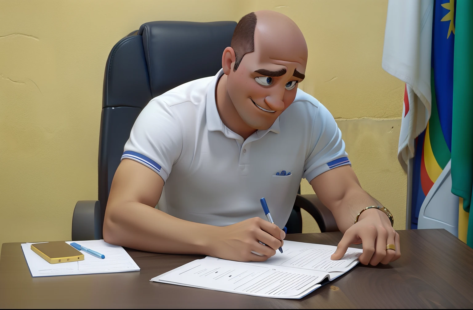 Personagem estilo Disney Pixar, Homem, careca, trabalhando, com todos os detalhes da imagem