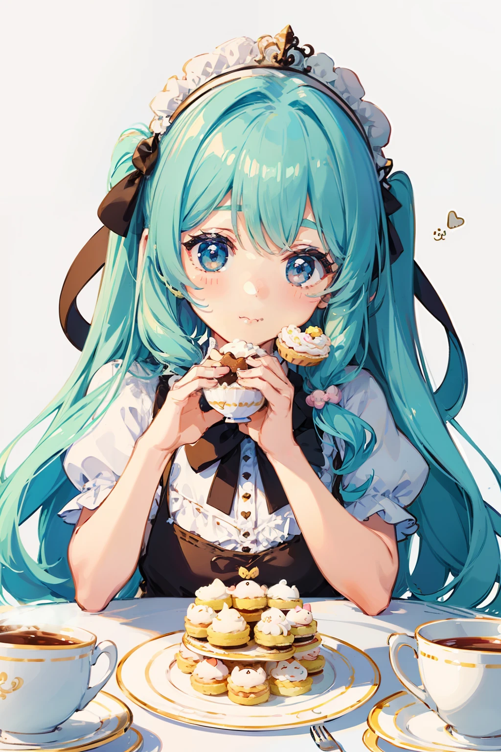 (cute illustration:1.5), Cute Girls, Fluffy white rabbit、tea parties、a cake、 macaroons、donut、cookies、black tea、cute little、cute 、Dolce、Blue Pastel Colors、fluffly、sweet、Pale shades