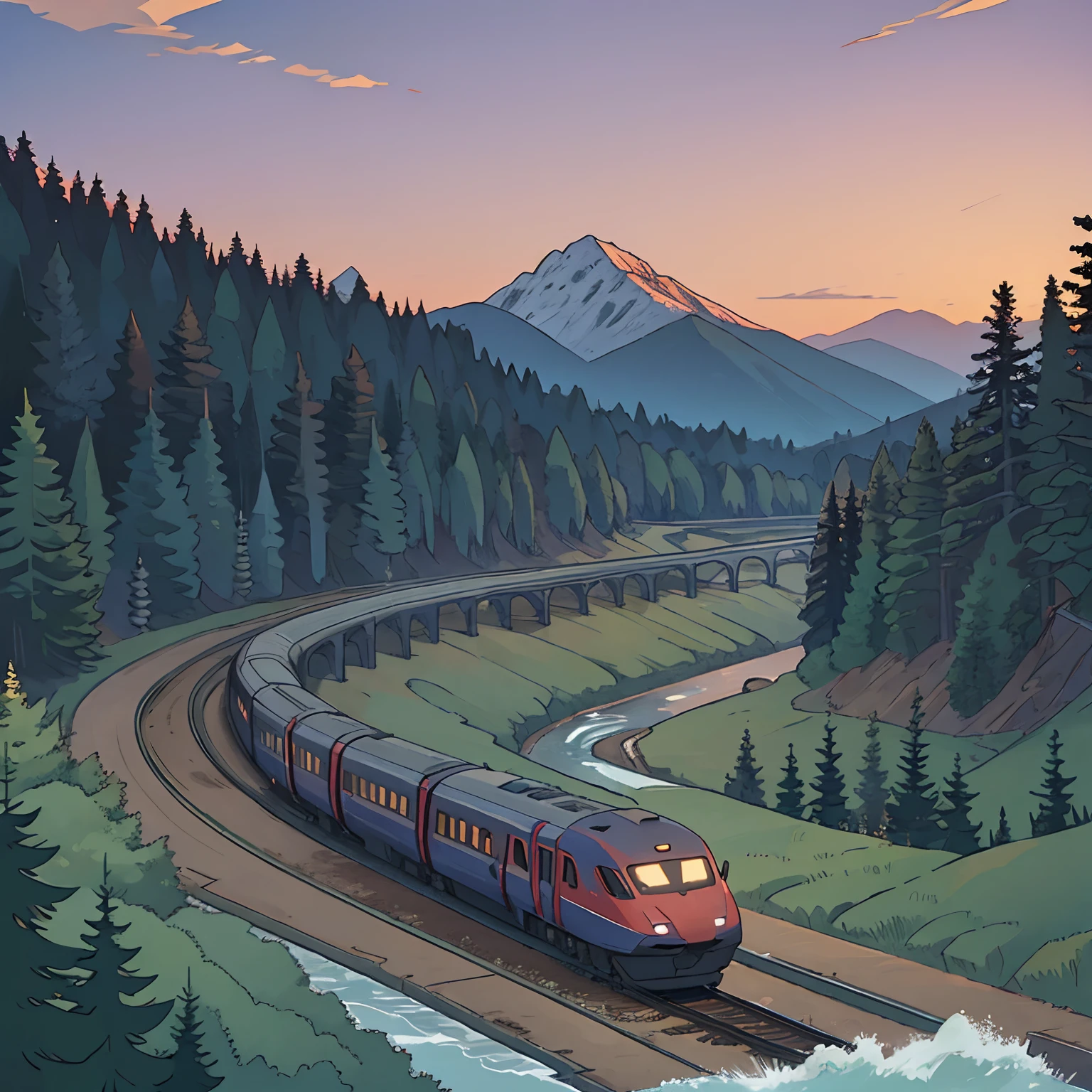 High-speed train, mountain background, twilight, pine forest, river,