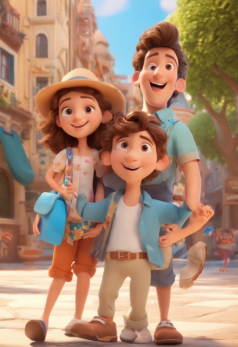Cartoon of friends having fun on vacation together,  3D Animation Movie Poster, Poster de filme animado, pixar 3 d animation style, pixar renderman rendering, maia 8 mil, animated film, Disney Pixar Estilo 3D, amigos felizes saem juntos, all wearing light blue shirts and cream brown long pants, camisa azul clara, cream brown pants, ao ar livre, vacation, Disney Pixar Animation Poster