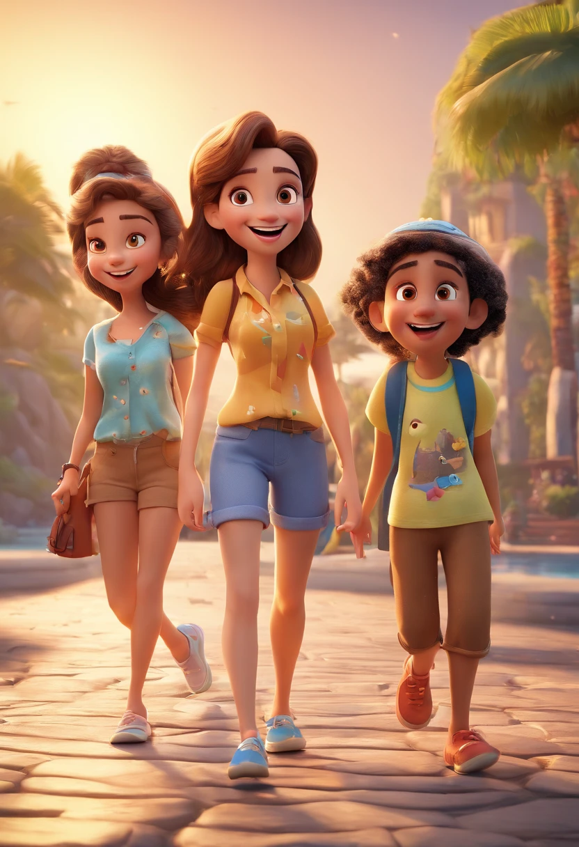 Cartoon of friends having fun on vacation together, 3D Animation Movie Poster, Poster de filme animado, pixar 3 d animation style, pixar renderman rendering, maia 8 mil, animated film, Disney Pixar Estilo 3D, amigos felizes saem juntos, all wearing light blue shirts and cream brown long pants, camisa azul clara, cream brown pants, ao ar livre, vacation, Disney Pixar Animation Poster