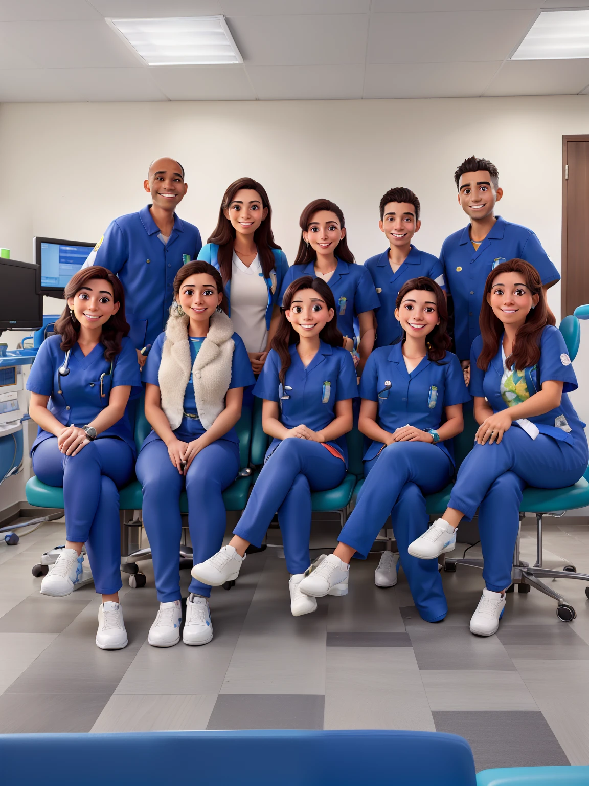 Dentistas de jaleco azul, na clinica