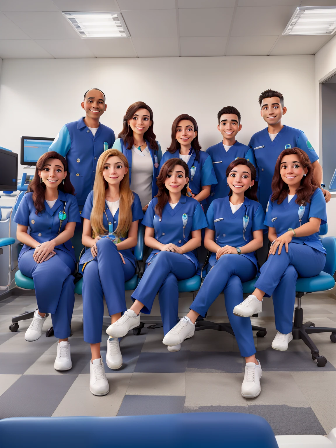 Dentistas de jaleco azul, na clinica