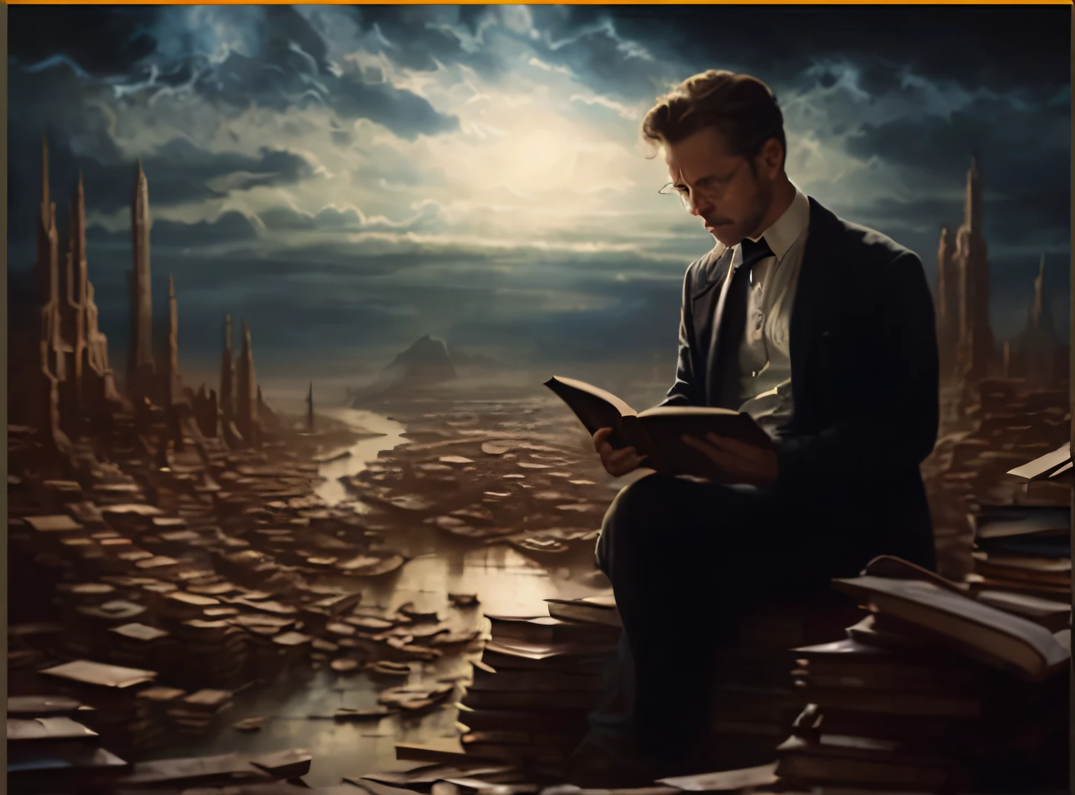 Image of a man sitting in a pile of books reading a book, matte painting of human mind, his mind contemplating eternity, mattepainting, Inspired by Herbert James Gunn, Digital art, Digital art, inspired by Vincent Lefevre, Asimov, epic surrealist 8K oil painting, science fantasy painting, matte painting portrait shot, magic realism matte painting