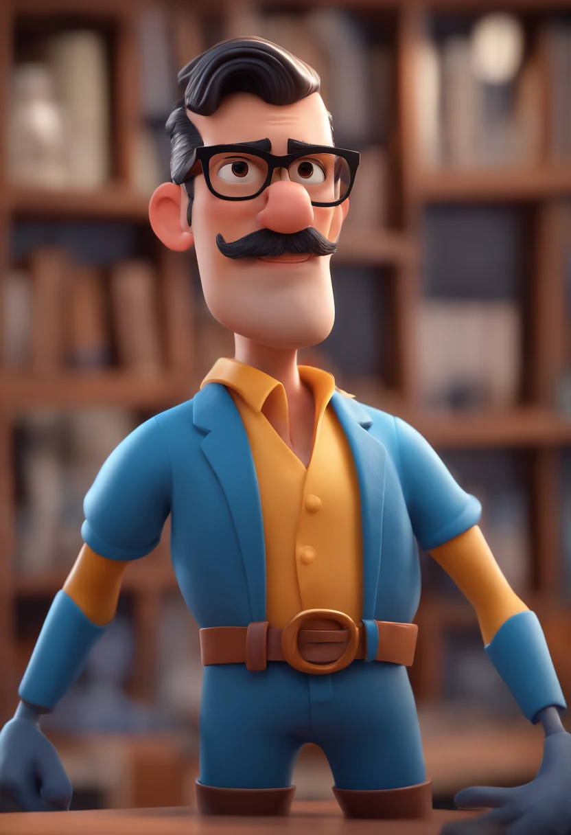 Cartoon character of a man with black glasses and with facial hair and a blue shirt, animation character, Caractere estilizado, animation style rendering, 3D estilizado, Arnold Maya render, 3 d render stylized, toon render keyshot, Personagem 3D, Personagem 3D, 3d rendering stylized, 3 d character render, personagem de desenho animado, Personagem de close up, Pose de personagem, (Estilo Pixar) (master part:1.2) (Bokeh) (best quality) (pele detalhada) (textura detalhada) (8k) (argila) (Cinematic lighting) (foco nítido
