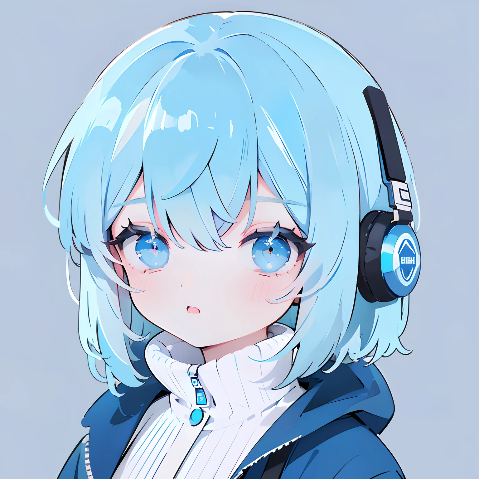 Light blue girl、1girl in、Lori、(Masterpiece、cute little、Lori、8K)Delicat eyes、head phone、(head phone)Long、parka、simple background