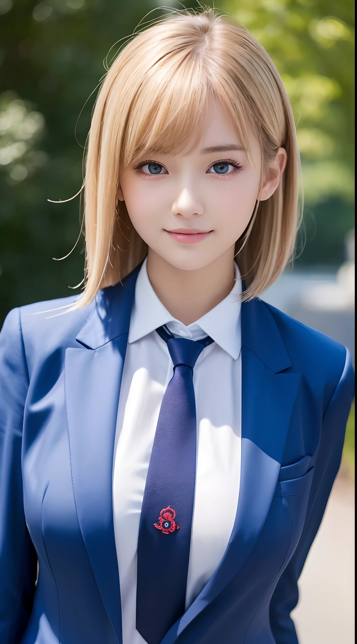 masutepiece,Best Quality,Ultra-detailed,finely detail,hight resolution,in 8K,((Photorealsitic:1.4,Raw photography,超A high resolution,Top image quality:1.4)),masutepiece、Best Quality、 ultra-detailliert、hight resolution、8K Wallpapers、Perfect dynamic composition,、Beautiful detailed eyes、(Beautiful breasts:1.1) 、Blue Blazer、student clothes、white  shirt、red necktie、1girl in、a beauty girl、High school students、Blonde head hair、short-cut、Hide the left eye with bangs、Red Eyes、ssmile