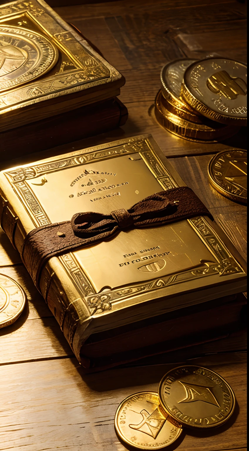 image of the Bible, with lots of abundance with flash of light on top, next to a closed Bible, gold coins and back