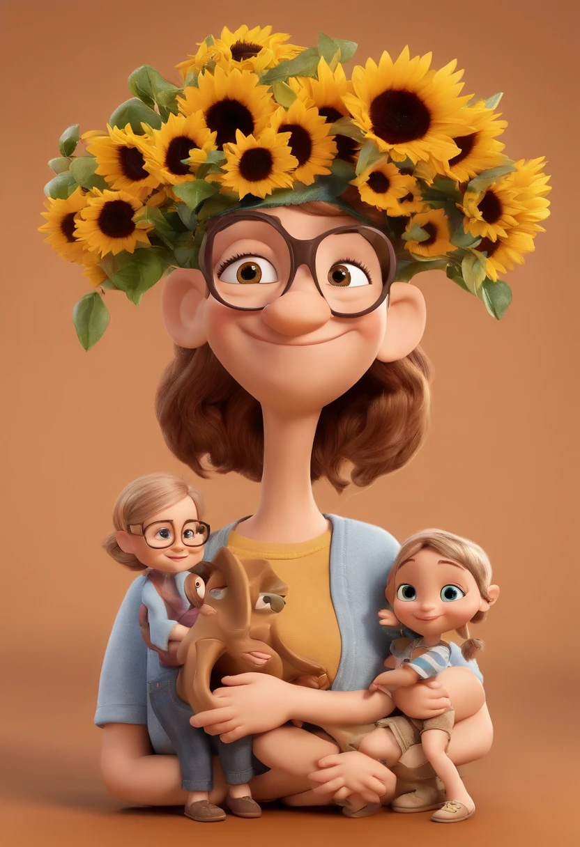 Create a Disney PIXAR-style 3D poster. ((Twin image center)), as meninas tem 7 anos, ((3 children)) ((1 menino no meio e 2 meninas ao lado, They're hugging each other, O menino tem 1 ano pele castanha e cabelos castanhos escuros e olhos castanhos escuros, 1 menina tem pele clara, olhos e cabelos castanhos claros e cacheados, e a outra menina tem pele morena, olhos escuros e cabelos escuros e lisos)) ((tudo isso no estilo Disney PIXAR 3D, In the background, A house of sunflowers, Gloria Studio, The garden is full of nature 3D render RTX clay material, estilo de design cartunesco, POP Mart, soft lighting, linhas suaves, Spring tilt, Detailed illustrations of PIXAR 3D, Detalhes hiper-realistas, cor quente no estilo Disney PIXAR 3D)), ((Man has brown skin is bald, He wears glasses and is 31 years old)), ((a mulher tem a pele clara 32 anos, cabelos longos cacheados, olhos castanhos claros e usa vestido))