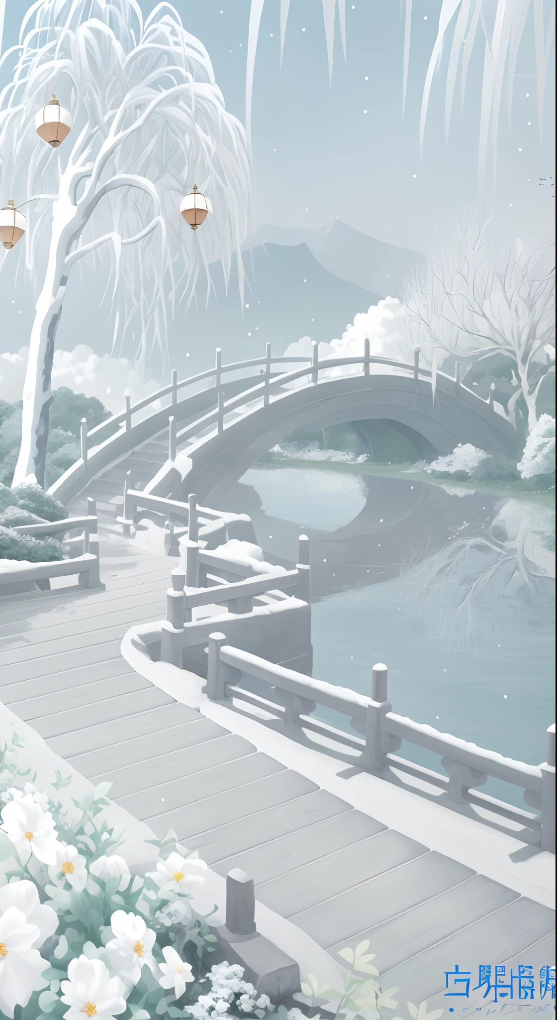 tmasterpiece，Best quality at best，high qulity，extremaly detailed cg，There is a painting，The painting is a bridge across a river，Remove the tree on the left There are ancient buildings in the distance，There is a snowman in the lower right corner，There are children running in the lower right corner of the road，anime beautiful peace scene, beautiful anime scenery, Anime background art, landscape artwork, anime backgrounds, beautiful anime scenes, Anime landscapes, Anime landscape concept art, Detailed scenery —width 672, A beautiful artwork illustration, anime landscape wallpapers, fairyland bridge, scenery art detailed, Arte conceitual de inverno
