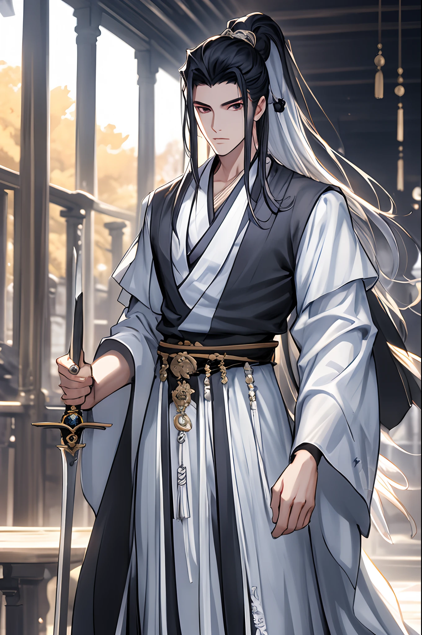 Summer palace，18-year-old young male，long whitr hair，High ponytail，malefocus，（solo person,The upper part of the body，：1.2），Headwear，Chinese courtyard，Black ancient Hanfu robe，Weapon in hand，Sword in hand，casting spells，An elegant and luxurious beautiful man，prince，The tree，bru，Lake，railing，Adonis，Best quality at best，concept-art，Hand-drawn 2D style，Dramatic expressions，combat state，