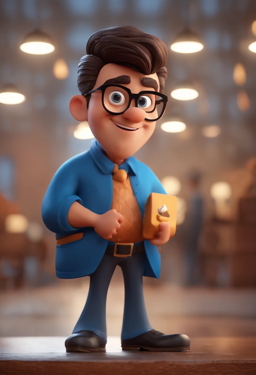 Cartoon character of a man with black glasses and a blue shirt, animation character, Caractere estilizado, animation style rendering, 3D estilizado, Arnold Maya render, 3 d render stylized, toon render keyshot, Personagem 3D, Personagem 3D, 3d rendering stylized, 3 d character render, personagem de desenho animado, Personagem de close up, Pose de personagem,  (Estilo Pixar) (master part:1.2) (Bokeh) (best quality) (pele detalhada) (textura detalhada) (8k) (argila) (Cinematic lighting) (foco nítido