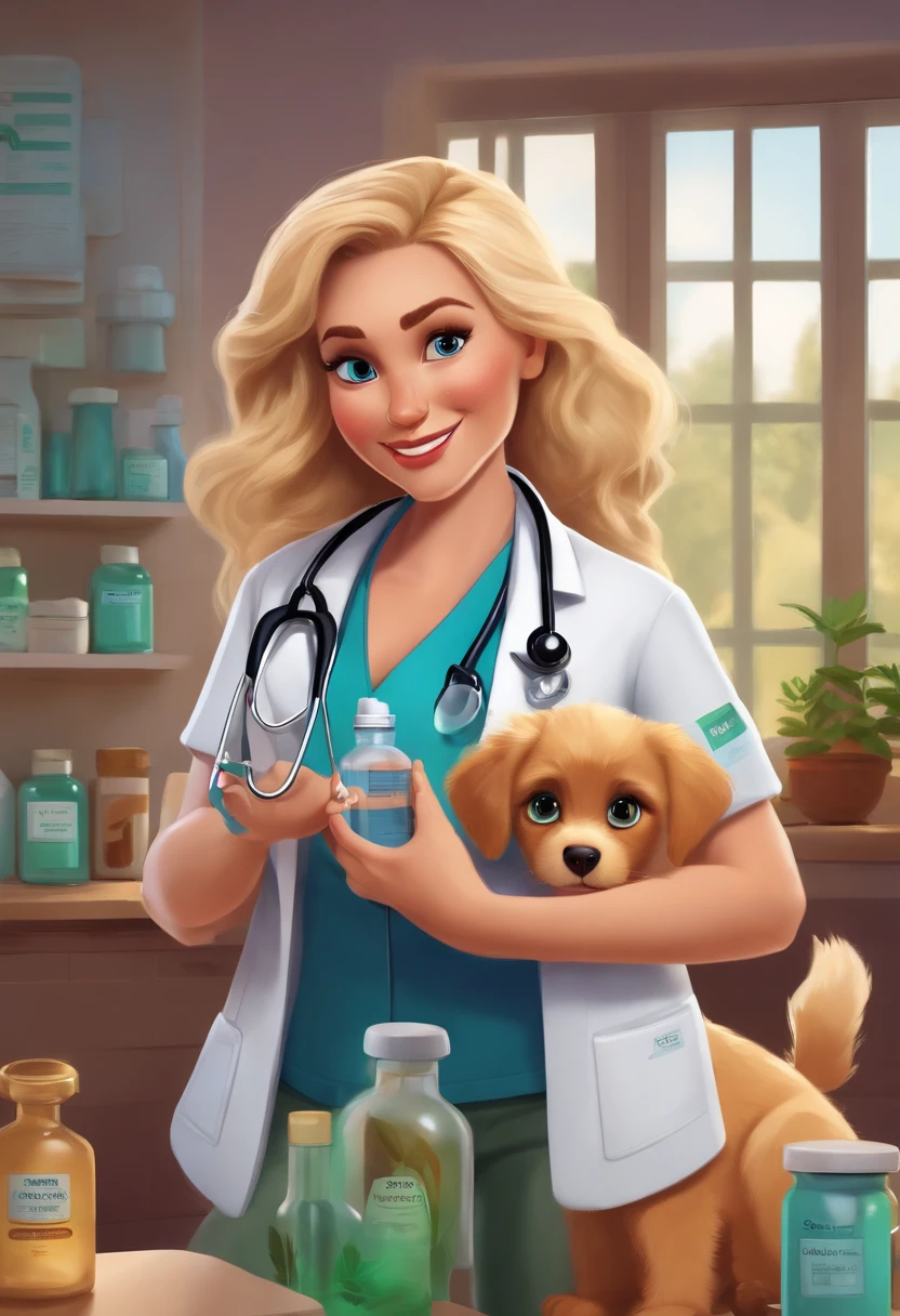 Create a pixar-style character blonde veterinarian wearing scrubs and a stethoscope, holding a bottle of  medication showing a Cannabidiol label, with long hair, yellow eyes, with dog and a cat with her