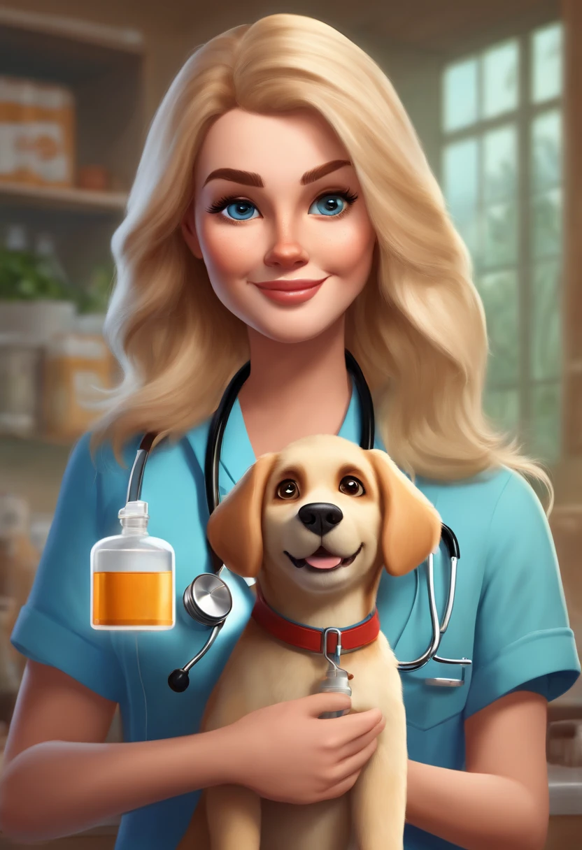 Create a pixar-style character blonde veterinarian wearing scrubs and a stethoscope, holding a bottle of  medication showing a Cannabidiol label, with long hair, yellow eyes, with dog and a cat with her