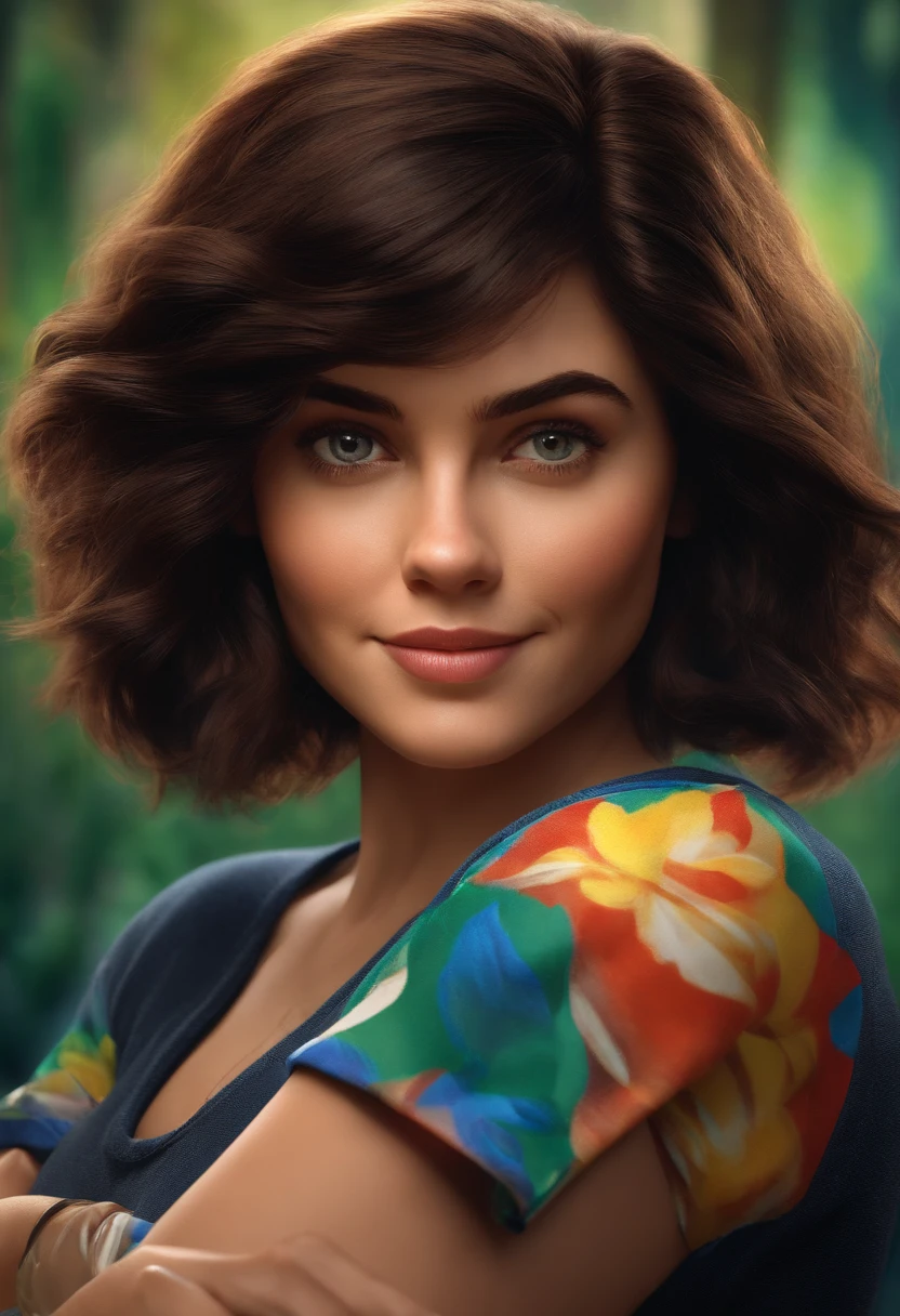 filme Marketing 2023 estilo filmes Pixar, Com nome "N - Marketing", poster, With short, lighter brunette hair and a black t-shirt in front of her crossed arms.