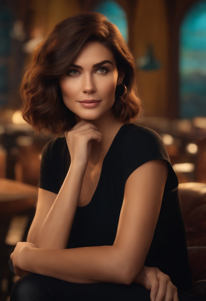 filme Marketing 2023 estilo filmes Pixar, Com nome "N - Marketing", poster, With short, lighter brunette hair and a black t-shirt in front of her crossed arms.