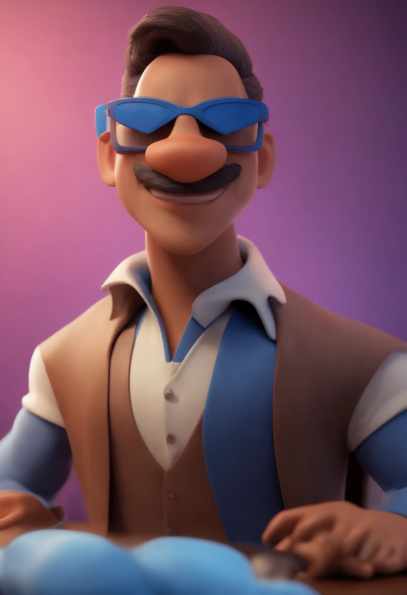 Cartoon character of a man wearing black glasses and a blue shirt, um personagem animado, Caractere estilizado, animation style rendering, 3D estilizado, Arnold Maya render, 3 d render stylized, toon render keyshot, Personagem 3D, Personagem 3D, 3d rendering stylized, 3 d character render, personagem de desenho animado, Personagem de close up, Pose de personagem, (Estilo Pixar) (master part:1.2) (Bokeh) (best quality) (pele detalhada) (textura detalhada) (8k) (argila) (Cinematic lighting) (foco nítido，Senta e vaza a parte superior do corpo