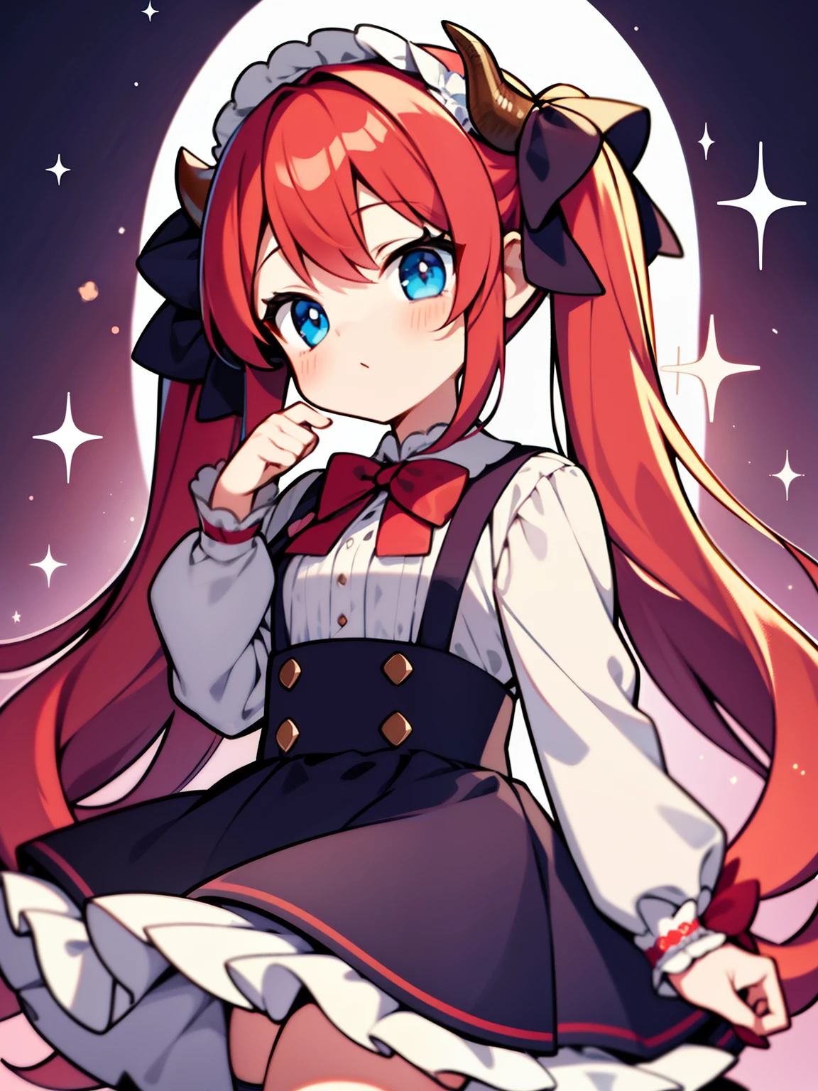 {{best quality}}, {{masterpiece}}, {{ultra-detailed}}, {illustration}, {detailed light}, red hair,blue eyes,twintails,lolita,Suspenders skirt,Fantastic,loli,solo,Dragon horns,little girl,long hair