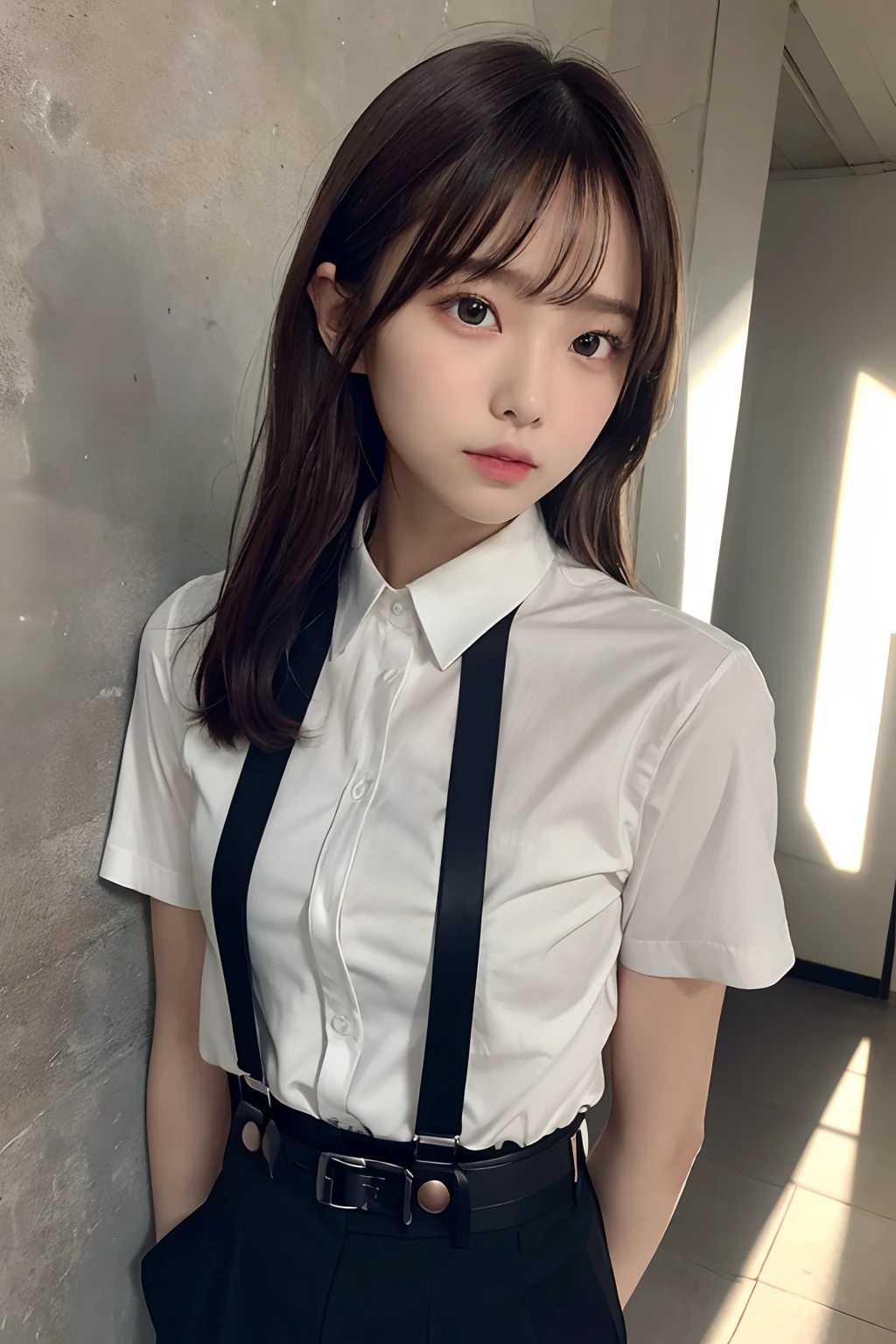masterpiece、flat-colors、depth of fields、lens flare 1 girl、、Brown hair、watching at viewers a belt black suspenders huge-breasted Armpit sweat perspiring Side of both hands walls: Black pants, Black jacket holster arm Leg holster arma Gaze Small face