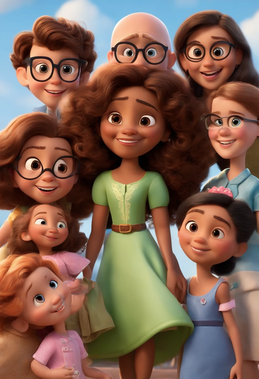 Create a Disney PIXAR-style 3D poster. ((Twin Imaging Center)), ((as meninas tem 7 anos)), ((3 children)) ((1 menino no meio e 2 meninas ao lado, They're hugging each other, O menino tem 1 ano pele castanha e cabelos castanhos escuros e olhos castanhos escuros, 1 menina tem pele clara, olhos e cabelos castanhos claros e cacheados, e a outra menina tem pele morena, olhos escuros e cabelos escuros e lisos)) ((tudo isso no estilo Disney PIXAR 3D,estilo de design cartunesco, POP Mart, soft lighting, linhas suaves, Spring tilt, Detailed illustrations of PIXAR 3D, Detalhes hiper-realistas, cor quente no estilo Disney PIXAR 3D)), ((Man has brown skin is bald, He wears glasses and is 31 years old)), ((a mulher tem a pele clara 32 anos, cabelos longos cacheados, olhos castanhos claros e usa vestido))