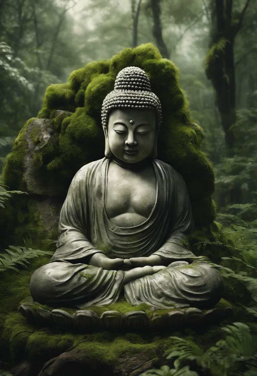 In the mountains,Stone Buddha statue covered with vegetation,One with nature,illumination。Devout admirers, There is a lot of moss on the body、Stone statue of a