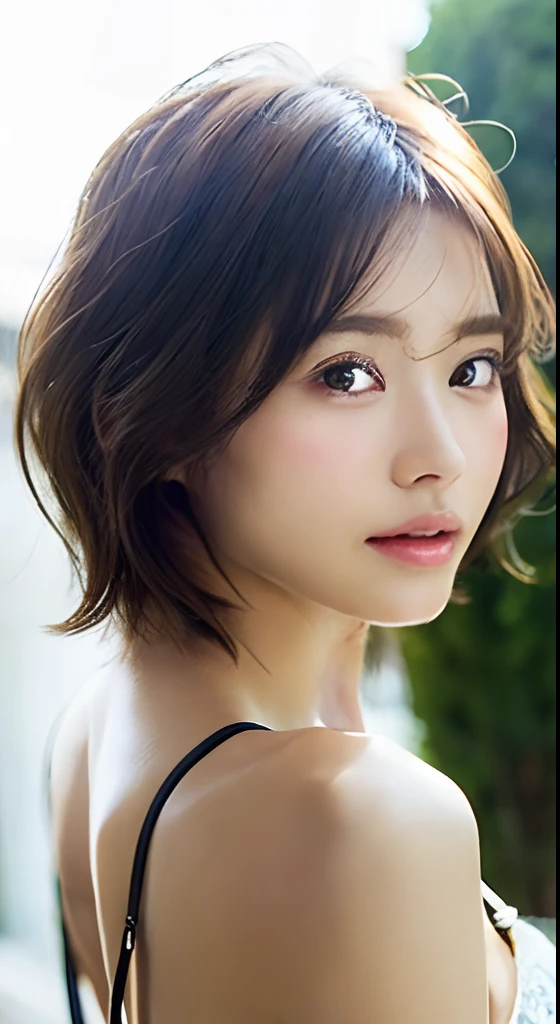 Female、bustshot、Short Hair Outdoor Fair Skin Disheveled Hair Super Cute、Soft and face、Brown hair、8K分辨率、A hyper-realistic、ultra-definition、 Soft body toned ass night、A cup small breasts((Highest Definition、8k、masterpiece:1.3))、Ultra-fine face、Ultra Fine Lips、Fine eyes、二重まぶた、Black see-through:1.1