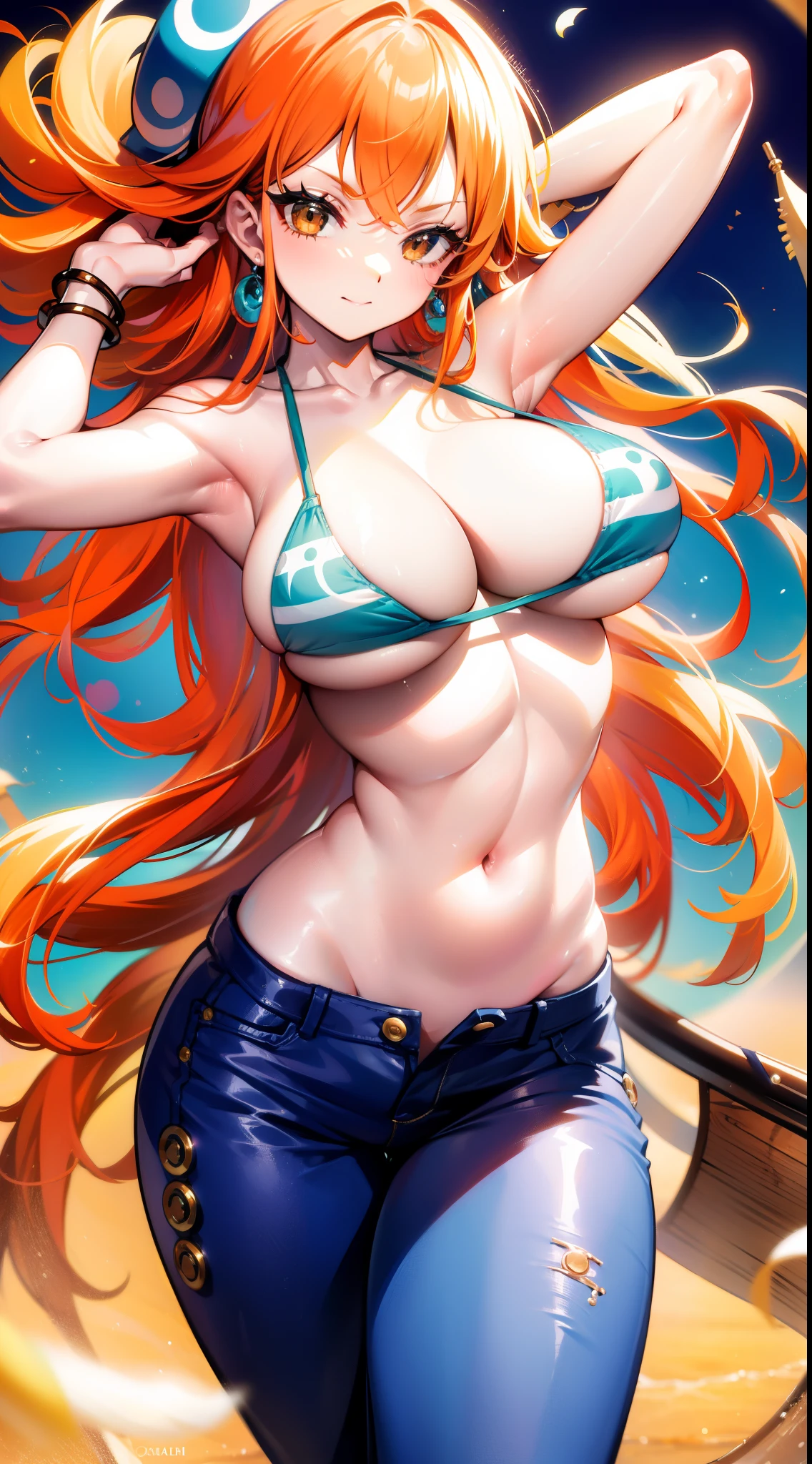 Nami of one piece, length hair, hands on hair, show armpit, Naked, Sexy, Big Tits, 8K, on the beds, Press the