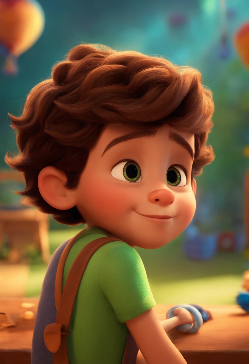 um menino de 6 anos de idade, cabelos castanho, corpo inteiro, disney pixar, cute