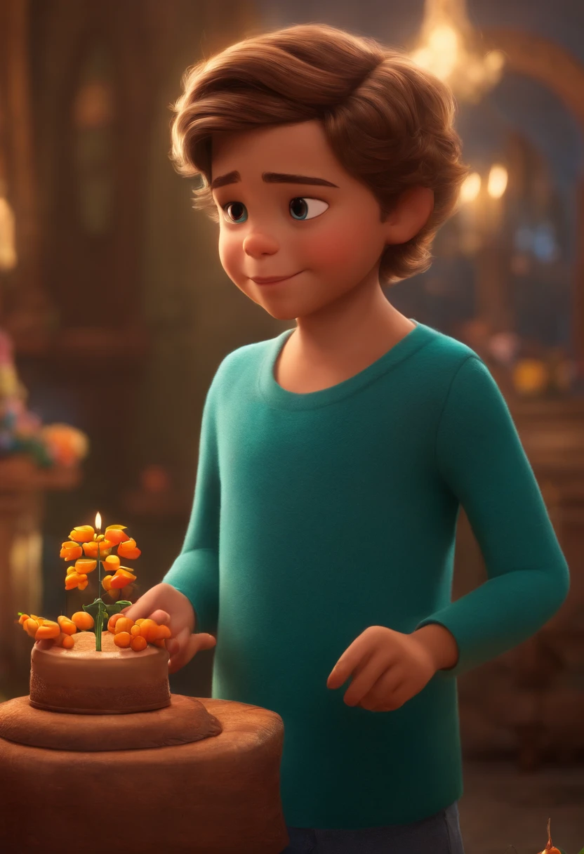 um de 6 anos de idade, cabelos castanho, corpo inteiro, disney pixar, cute