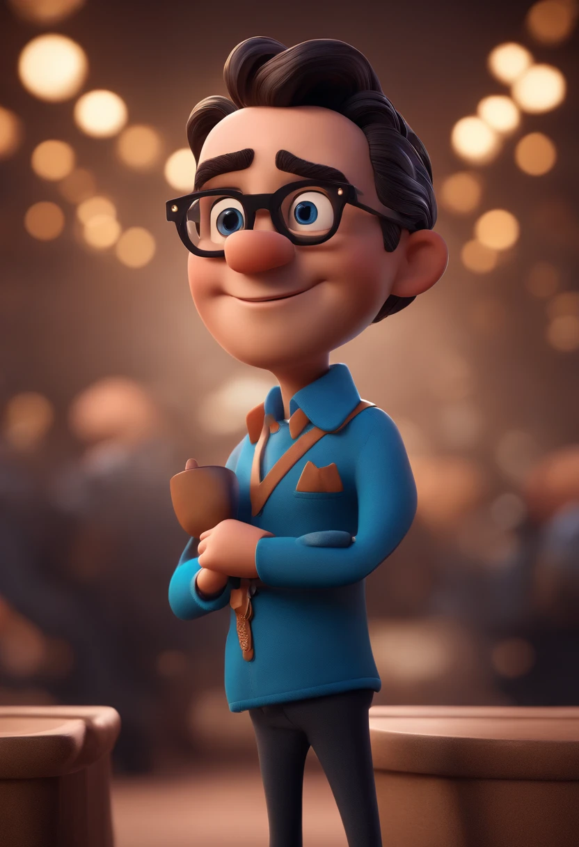 Cartoon character of a man with black glasses and a blue shirt, animation character, Caractere estilizado, animation style rendering, 3D estilizado, Arnold Maya render, 3 d render stylized, toon render keyshot, Personagem 3D, Personagem 3D, 3d rendering stylized, 3 d character render, personagem de desenho animado, Personagem de close up, Pose de personagem,  (Estilo Pixar) (master part:1.2) (Bokeh) (best quality) (pele detalhada) (textura detalhada) (8k) (argila) (Cinematic lighting) (foco nítido