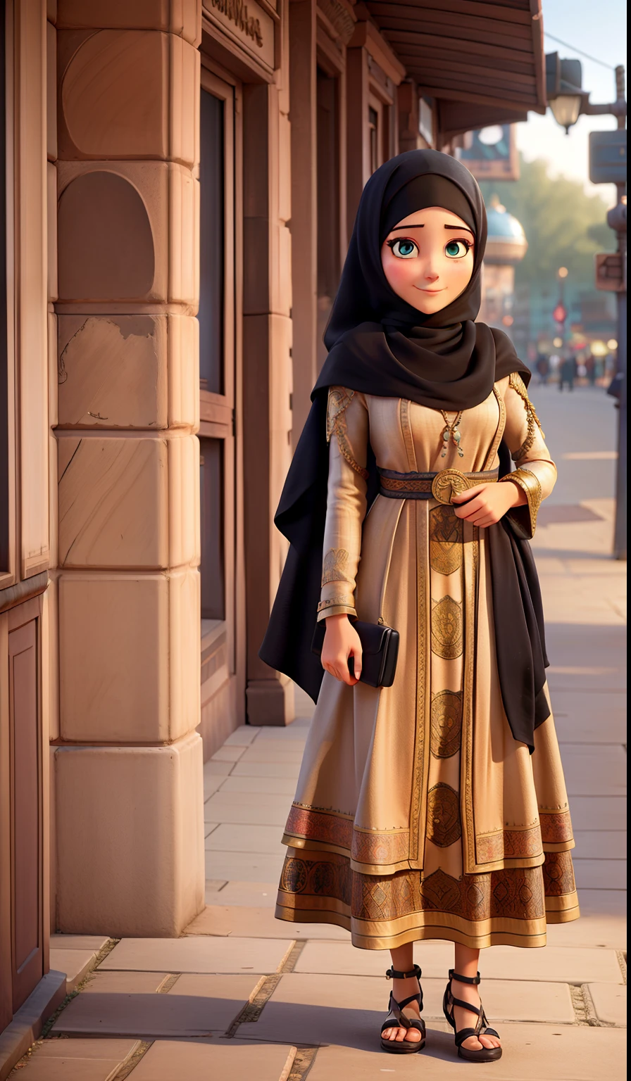 Master professional photography, beautiful woman in hijab and burqa and accessories, extreme textures and details, full body portrait shot, bohemian city landmarks background, 64K