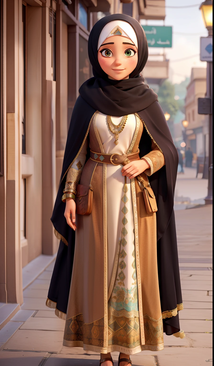 Master professional photography, beautiful woman in hijab and burqa and accessories, extreme textures and details, full body portrait shot, bohemian city landmarks background, 64K