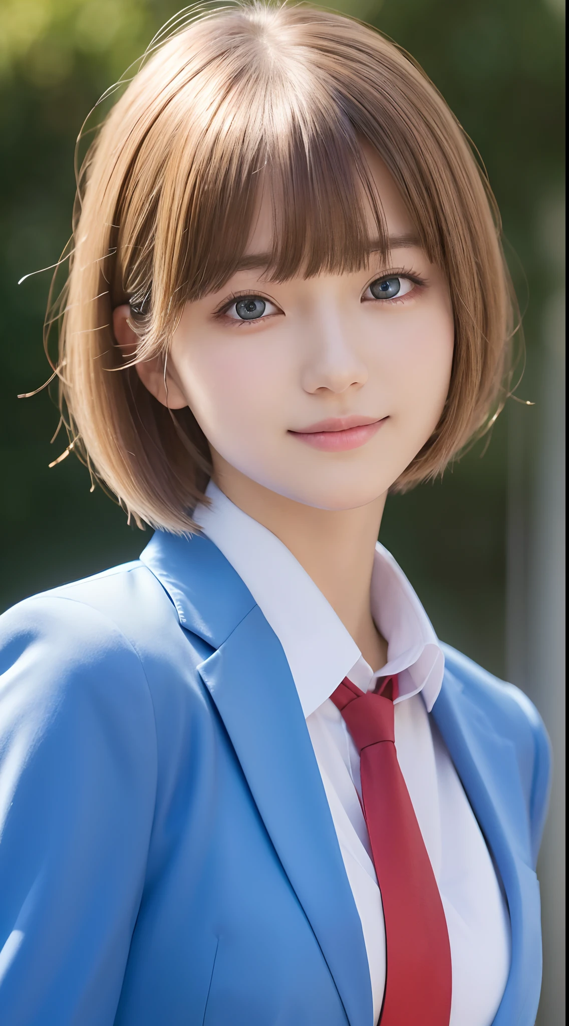 masutepiece,Best Quality,Ultra-detailed,finely detail,hight resolution,in 8K,((Photorealsitic:1.4,Raw photography,超A high resolution,Top image quality:1.4)),masutepiece、Best Quality、 ultra-detailliert、hight resolution、8K Wallpapers、Perfect dynamic composition,、Beautiful detailed eyes、(Beautiful breasts:1.1) 、Blue Blazer、student clothes、white shirt、red necktie、1girl in、a beauty girl、High school students、Blonde head hair、short-cut、Hide the left eye with bangs、Red Eyes、ssmile