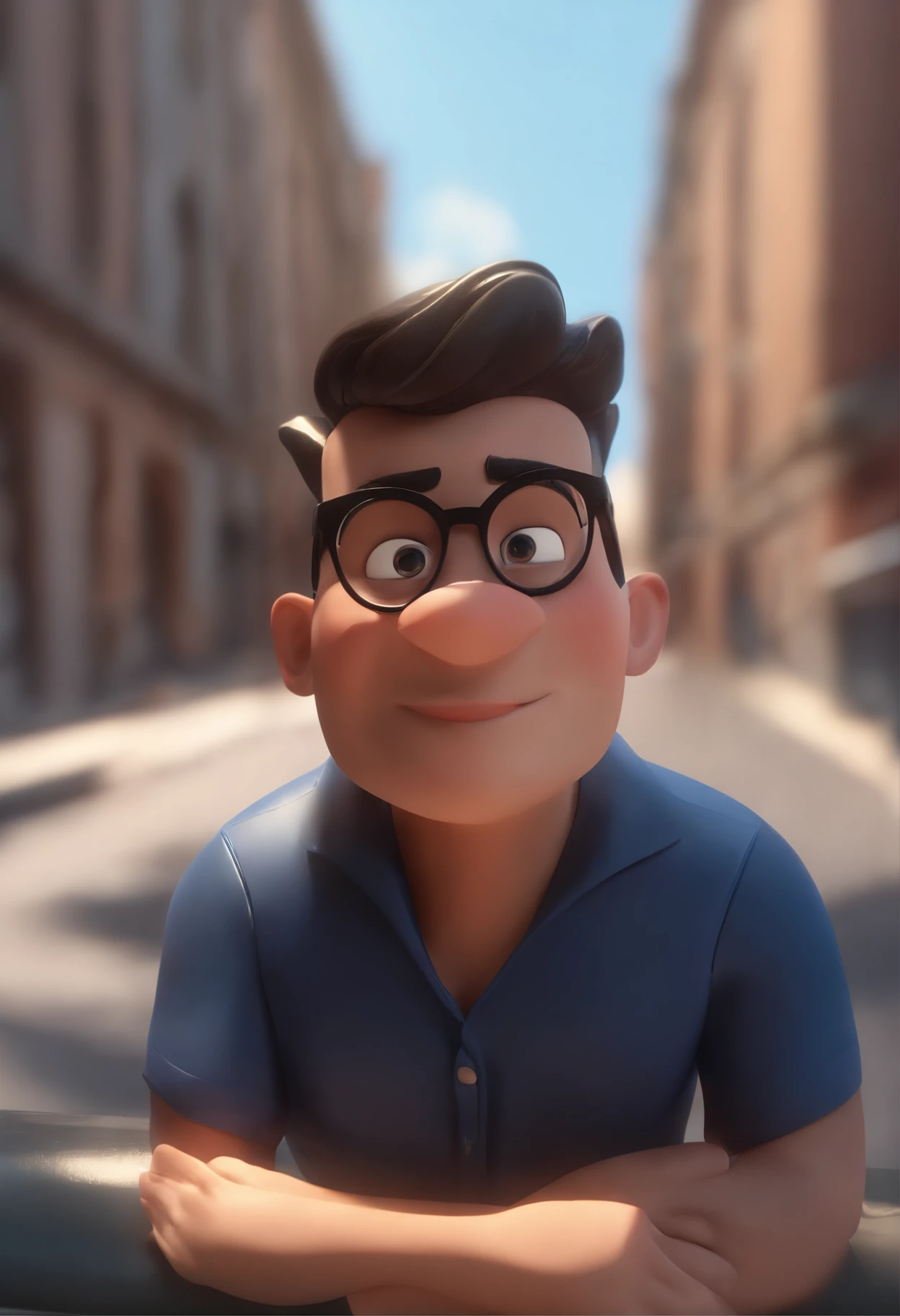 Cartoon character of a man wearing black glasses and a blue shirt, um personagem animado, Caractere estilizado, animation style rendering, 3D estilizado, Arnold Maya render, 3 d render stylized, toon render keyshot, Personagem 3D, Personagem 3D, 3d rendering stylized, 3 d character render, personagem de desenho animado, Personagem de close up, Pose de personagem, (Estilo Pixar) (master part:1.2) (Bokeh) (best quality) (pele detalhada) (textura detalhada) (8k) (argila) (Cinematic lighting) (foco nítido,Senta e vaza a parte superior do corpo