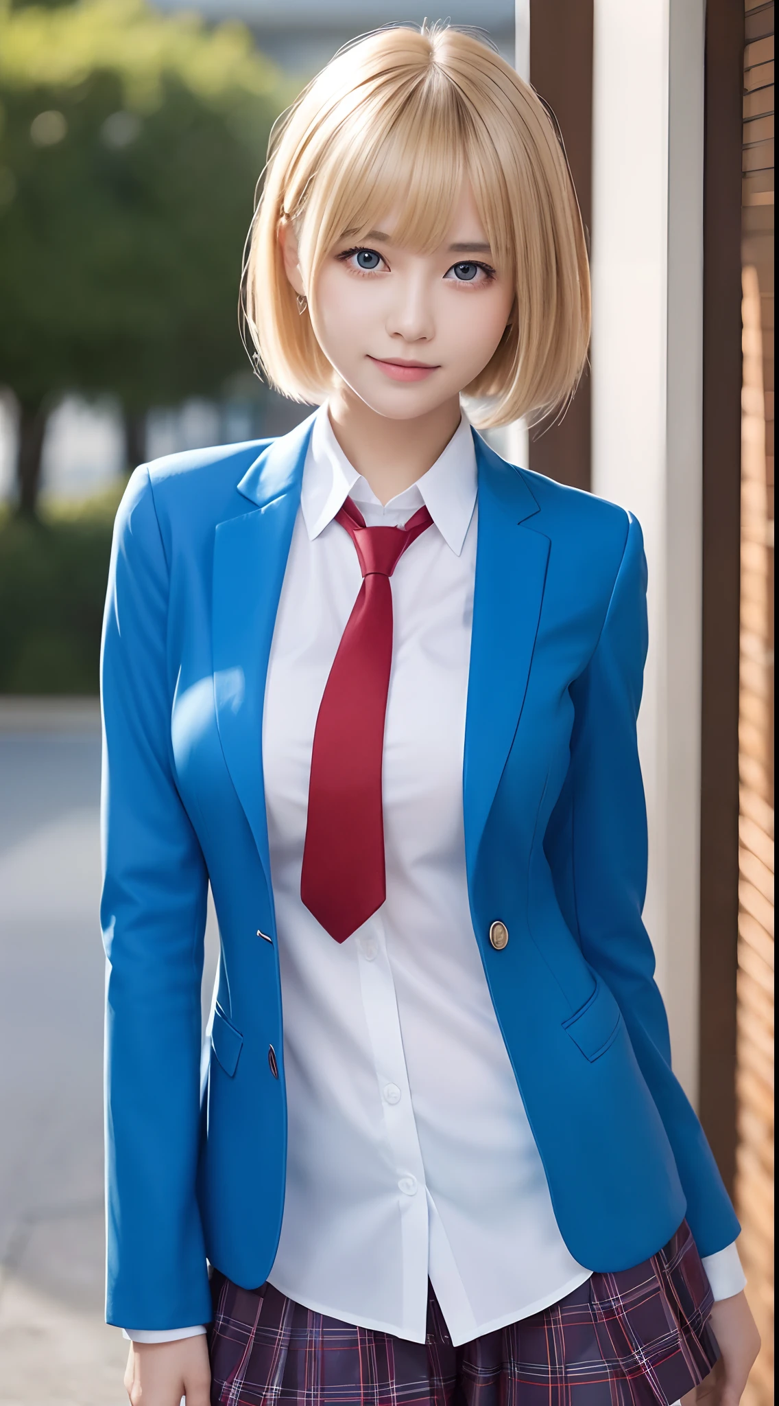 masutepiece,Best Quality,Ultra-detailed,finely detail,hight resolution,in 8K,((Photorealsitic:1.4,Raw photography,超A high resolution,Top image quality:1.4)),masutepiece、Best Quality、 ultra-detailliert、hight resolution、8K Wallpapers、Perfect dynamic composition,、Beautiful detailed eyes、(Beautiful breasts:1.1) 、Blue Blazer、student clothes、white shirt、red necktie、1girl in、a beauty girl、High school students、Blonde head hair、short-cut、Hide the left eye with bangs、Red Eyes、ssmile