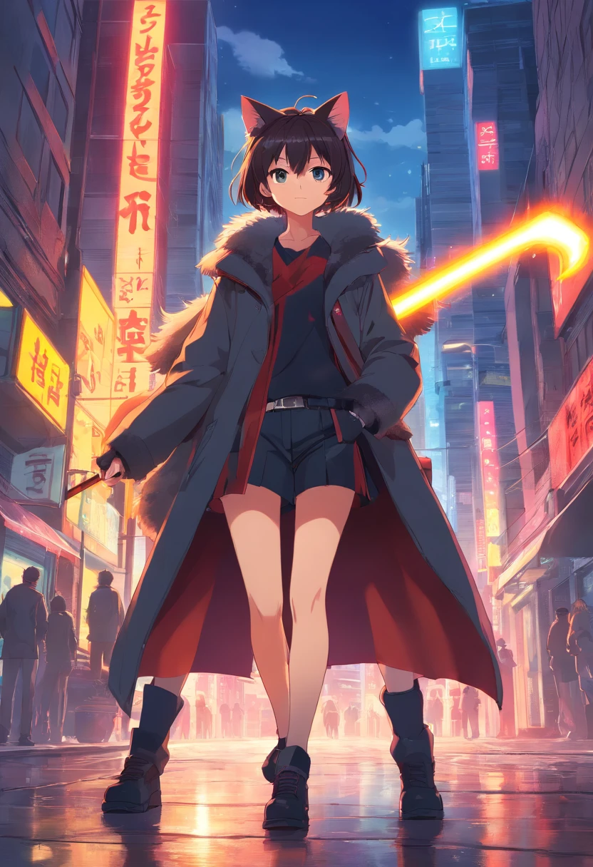A bipedal cat with grey and black fur, Carrie’s a giant battle ax, wears a adventurous out fit with a leather coat, has a red aura that strengthens him, Anime Key Visual, by Makoto Shinkai, Deep Color, Intricate, 8k resolution concept art, Natural Lighting, Beautiful Composition