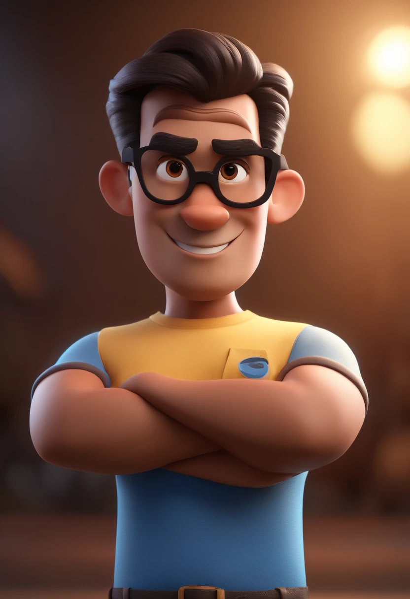 Cartoon character of a man with black glasses and a blue shirt, animation character, Caractere estilizado, animation style rendering, 3D estilizado, Arnold Maya render, 3 d render stylized, toon render keyshot, Personagem 3D, Personagem 3D, 3d rendering stylized, 3 d character render, personagem de desenho animado, Personagem de close up, Pose de personagem,  (Estilo Pixar) (master part:1.2) (Bokeh) (best quality) (pele detalhada) (textura detalhada) (8k) (argila) (Cinematic lighting) (foco nítido