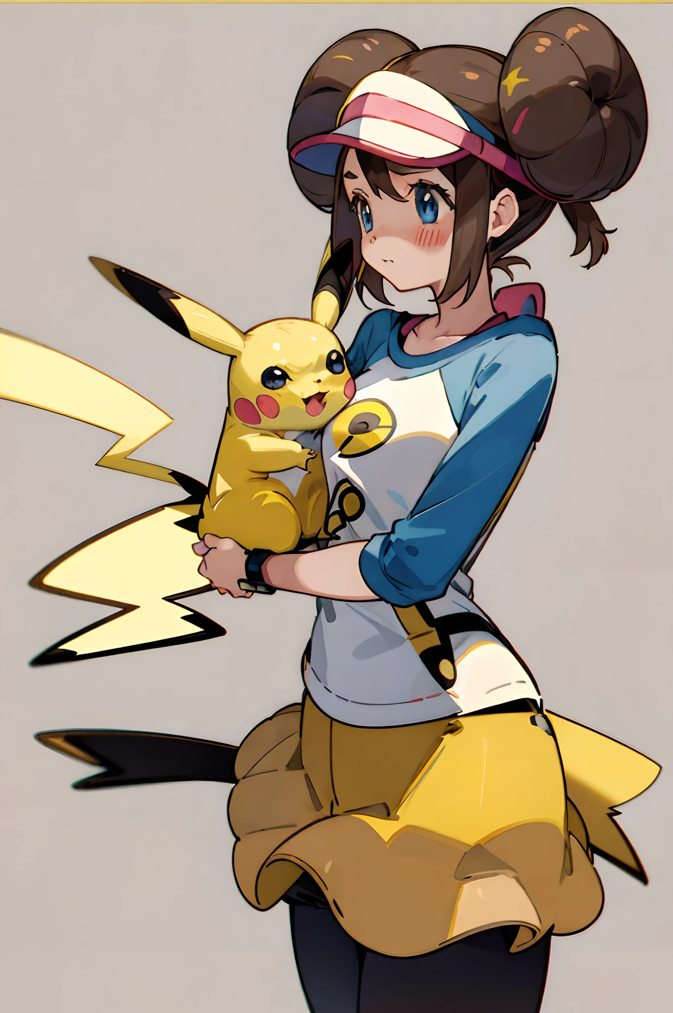 (pokemon),(( 1girl)) with (( 1Pikachu )), pantyhose, double bun, hair bun, visor cap, brown hair, blush, yellow skirt, pantyhose, black leggings, black stockings, poke ball print, yellow miniskirt, rosa(pokemon) clothes