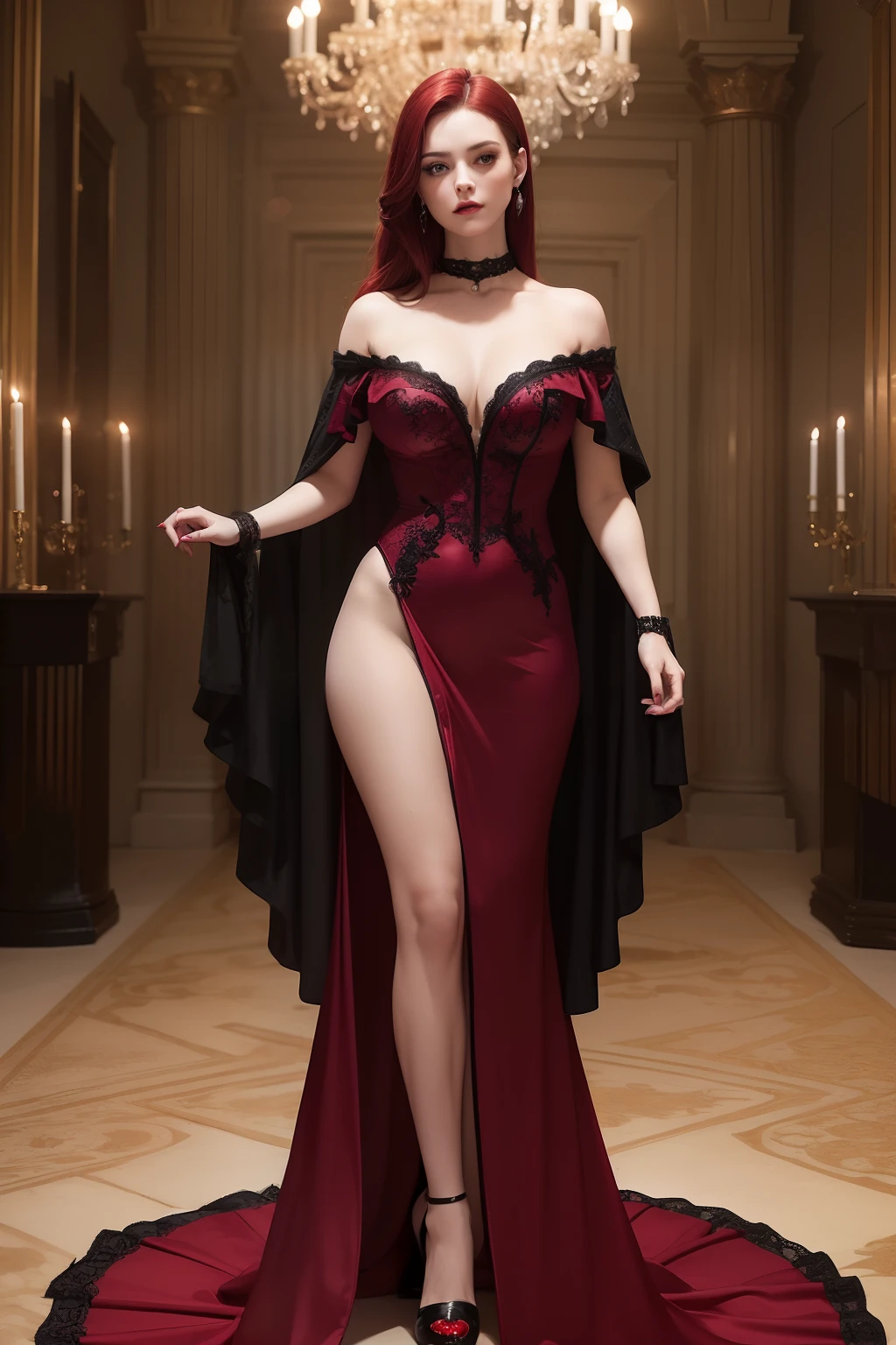 (masterpiece, best quality, photorealistic, cinematic, high resolution), (dimly lit, Gothic-inspired room with flickering candles), (wide shot, full body view:1.5), (alluring female vampire), voluptuous body, perfect body, perfect anatomy, perfect hands, perfect face, round legs, round ass, large cleavage, (fiery red hair in loose waves, slightly tousled:1.2), (a deep wine-red satin gown, form-fitting with a mermaid silhouette, delicate black lace and velvet accents, slightly off-shoulder design for added allure, a high Victorian-style collar), (a black ribbon choker with a blood-red gem pendant, elbow-length black satin gloves, silver bracelets with ornate, intricate designs, a black and red velvet cape with a dramatic hood, red crystal drop earrings), (sensual pose)