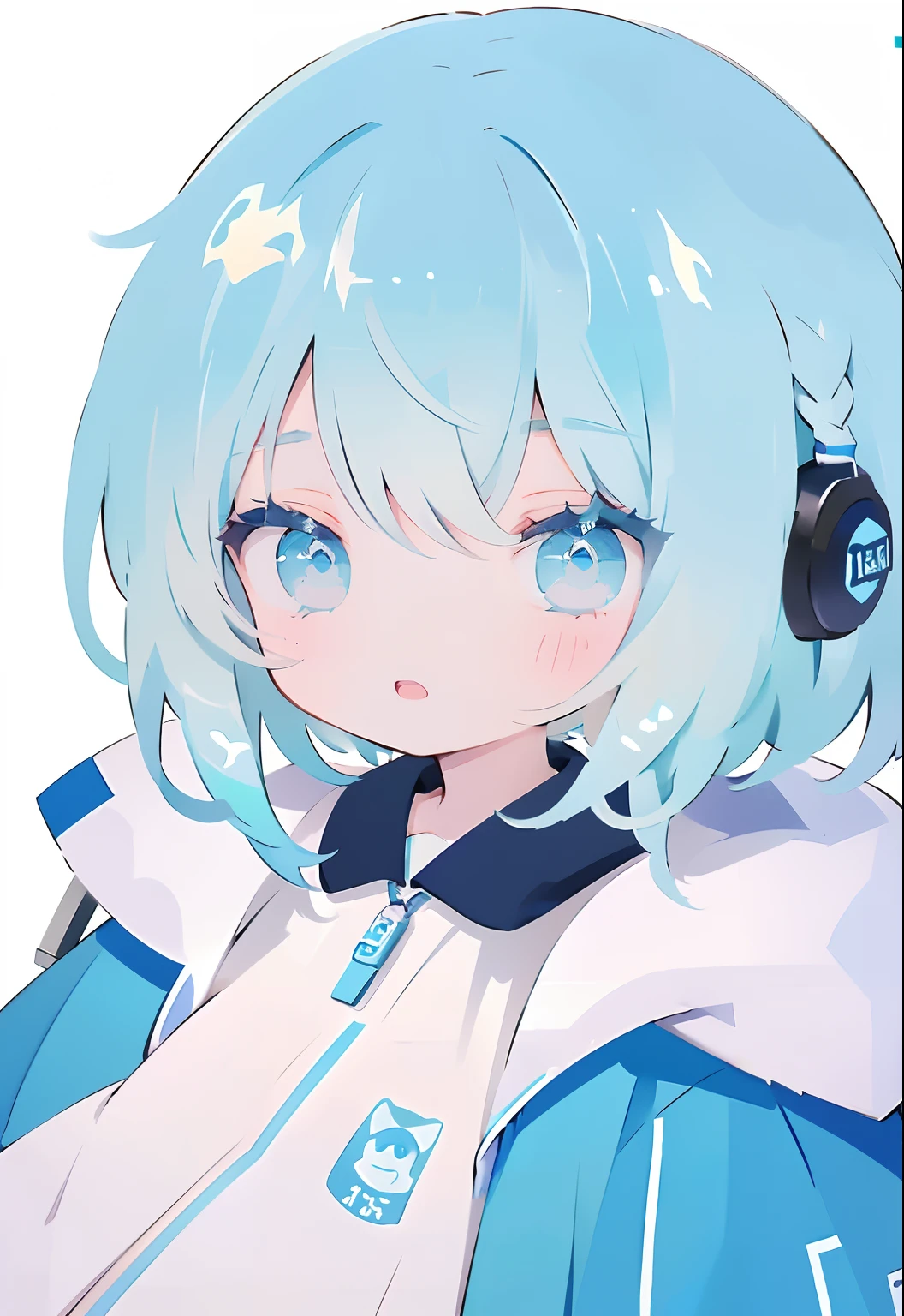 Light blue girl、1girl in、Lori、(Masterpiece、cute little、Lori、8K)Delicat eyes、head phone、(head phone)Long、parka、simple background、