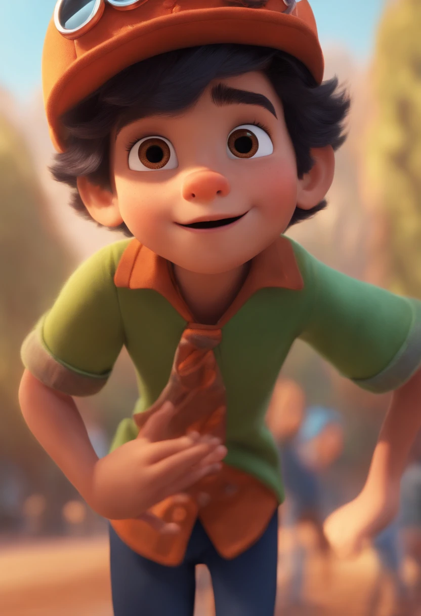 Image of a boy for a story in a YouTube video in Pixar format, He's the  allabester, He's the class leader, He's outgoing, Playful and gets up for a lot of things, cabelo curto