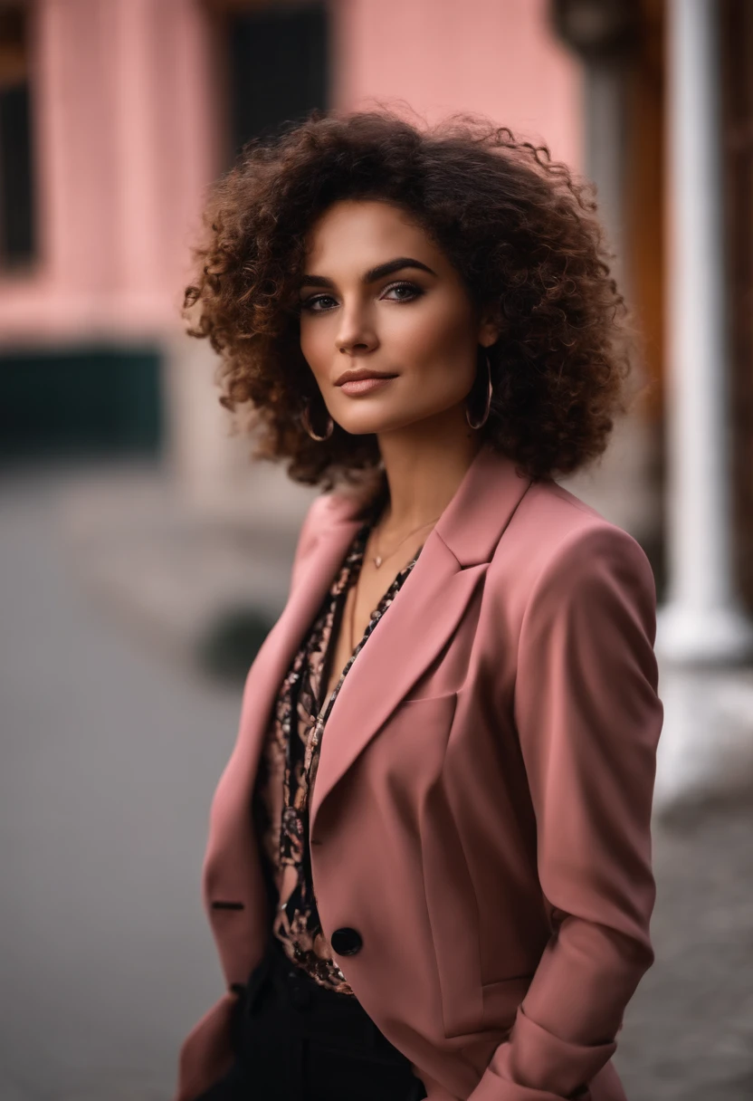 Photographer with brown and curly hair, camiseta preta e blazer rosa, Black pants and accessory your camera