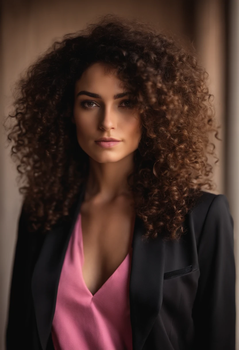 Photographer with brown and curly hair, camiseta preta e blazer rosa, Black pants and accessory for your camera