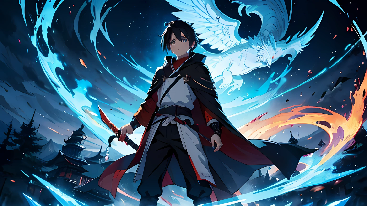 a young male swordsman, wearing Kirito's cloak. he is a righteous swordsman who fight demon. he hold a sword with flames coming out from his sword. The background is a phoenix flame in Katsushika Hokusai style. stood in front of a huge transparent glowing flame. Has a demonic aura on his body. Masterpiece, high-resolution, detailed eyes, blue eye color, full body. dramatic lighting.