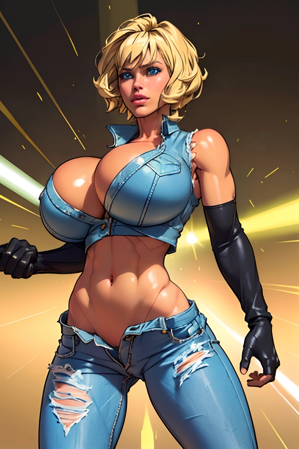 (((1 girl,  cute, (gigantic breasts:1.2), sleeveless denim jacket, white lace bra, jeans, black elbow Gloves, blond, short hair, curly hair,  side parted hair, blue eyes))), (((blond hair))), 
dynamic poses, realistic style, depicting a group of characters in various action scenes, from intense battles to lighthearted moments, with dramatic speed lines and bold sound effects, capturing the excitement and energy of the story, Laser rays from the palm of hand, Attack forward with palm, stonehedge, england,