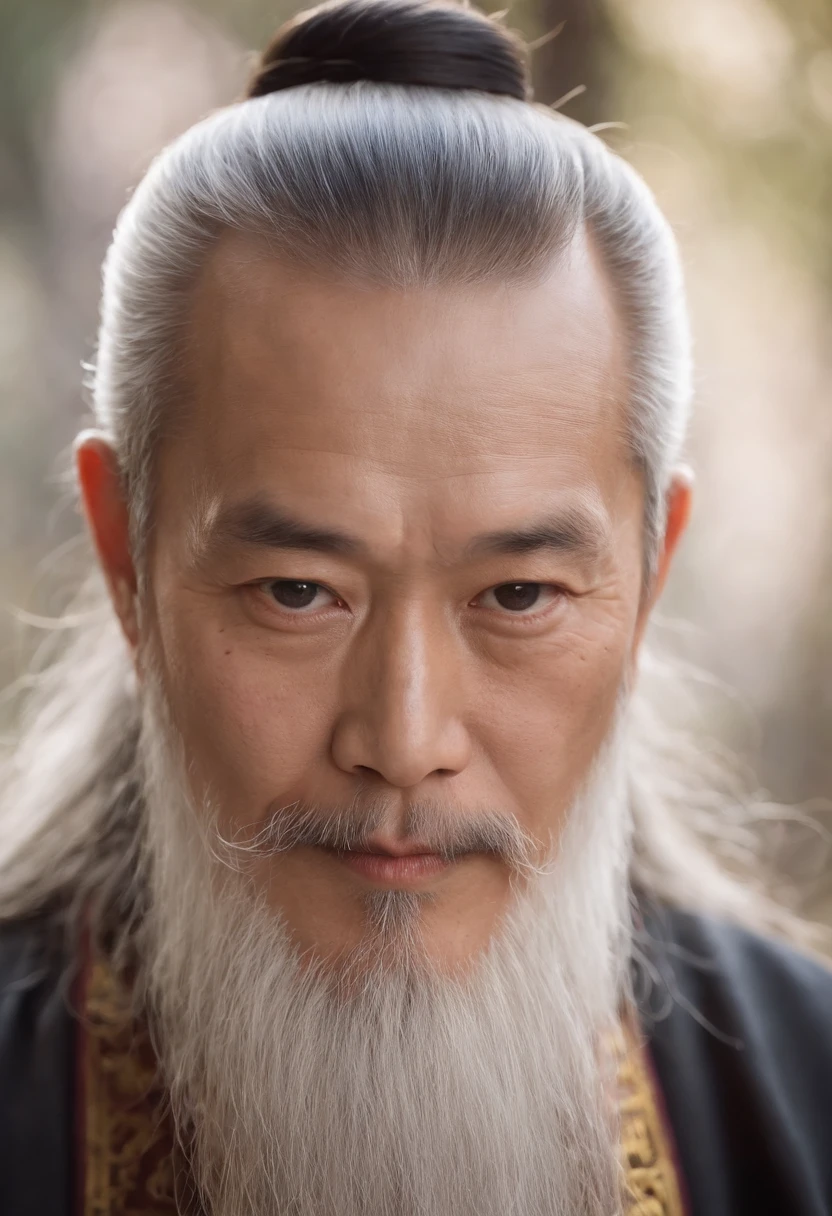 Close-up of an old man with a long beard and a white beard, Taoist,There is a bun on the top of the head,Use mahogany hairpins,Monk customs,full bodyesbian,inspired by Wu Daozi, monk portrait, Taoist master, portrait photo of an old man, Inspired by Hu Zaobin, inspired by Hu Zao, Long white beard, inspired by Li Cheng,high-definition picture quality